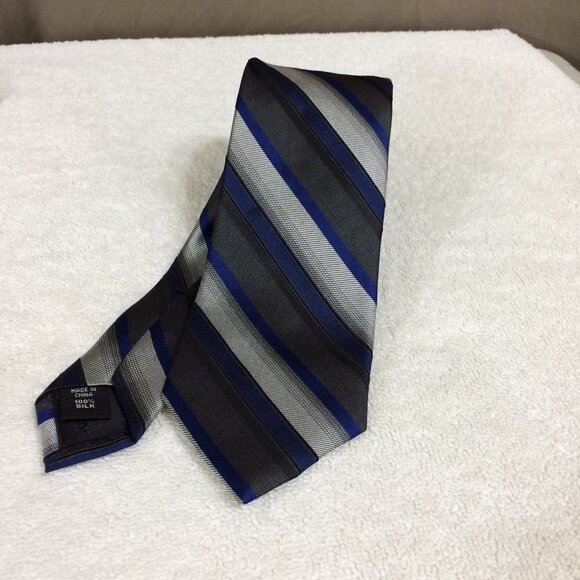 Vintage Calvin Klein Tie Gray Blue Stripes 100% Silk Necktie Mens - Picture 1 of 3